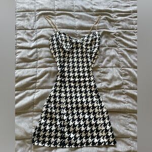 Black & white houndstooth dress with gold chain straps